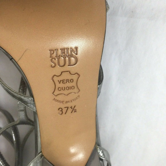 Plein Sud Strappy Sandal Silver Metallic Leather Thong Toe Slim Heel - Picture 7 of 8